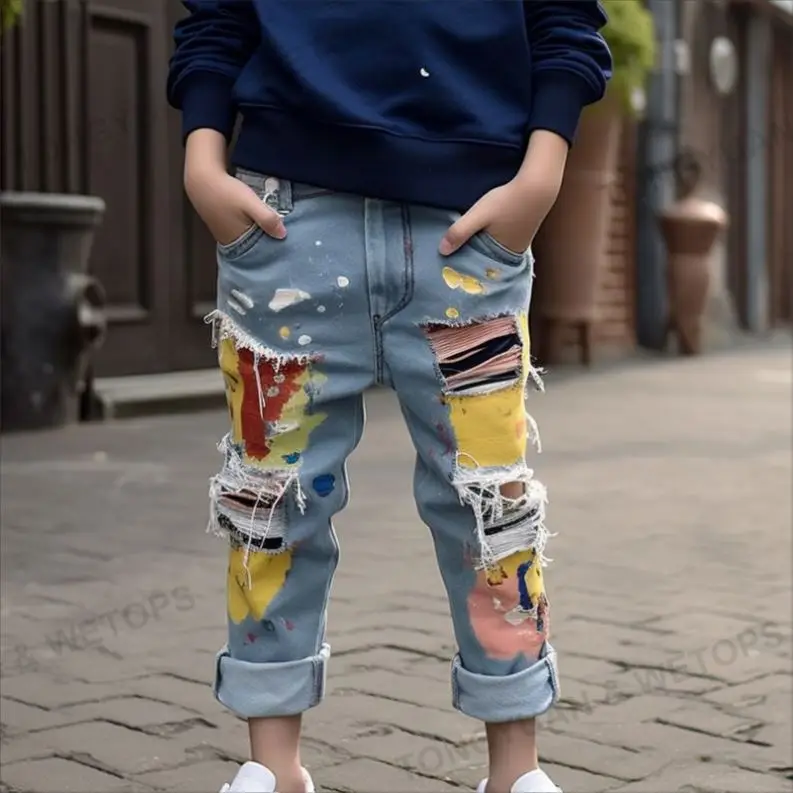 Wholesale Children Elastic Waist Jean Pants Paint Print Side Stripe Denim Ripped Straight Jeans For Kids Boy