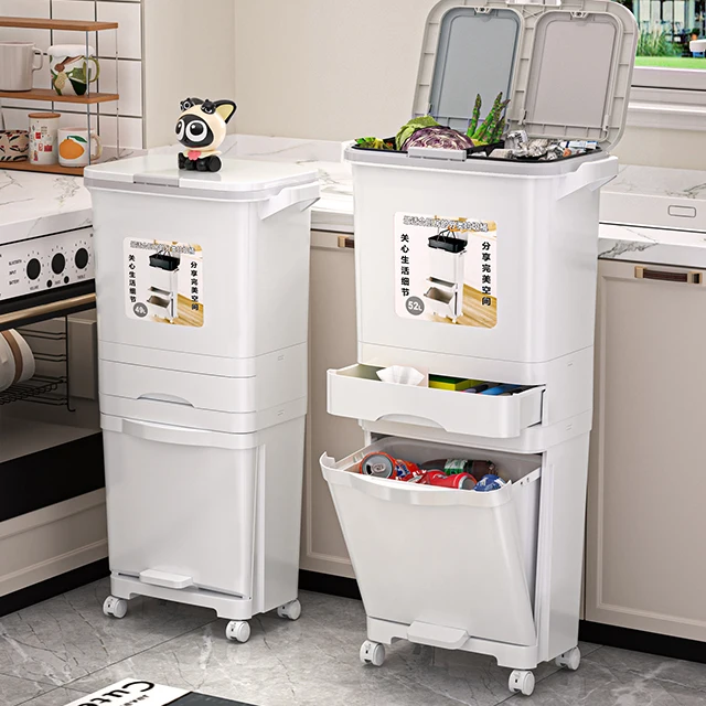 2 Tiers Kitchen Garbage Sorting Trash Cans with Wheels Large Capacity Kitchen Plastic Garbage Can