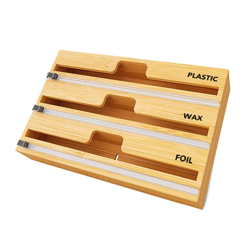 Custom Wooden Foil Dispenser 3 In 1 Bamboo Foil And Plastic Wrap Organizer For Kitchen Aluminum Foil Wrap Dispenser Wall Mount