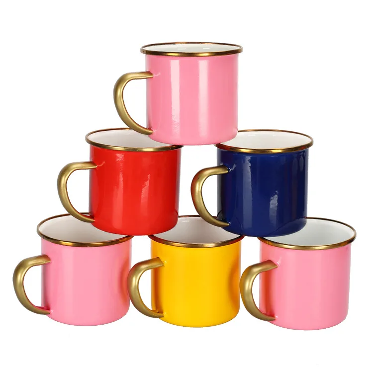 custom logo 4/7/12/16/24/40 oz 7 8 9 cm tea campfire cup gold enamel camping mug rim steel  enamel coffee mug with gold handle