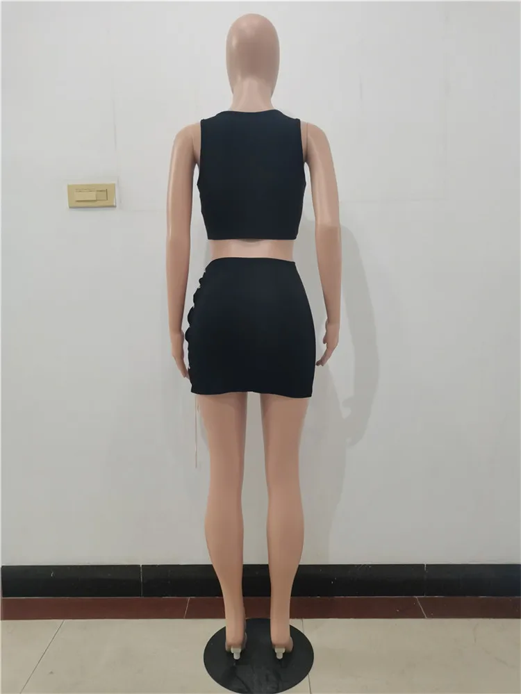 Summer 2021 New Women Fashion Sexy Bandage Chain Crop Top And Mini Skirts Two Piece Set Outfits