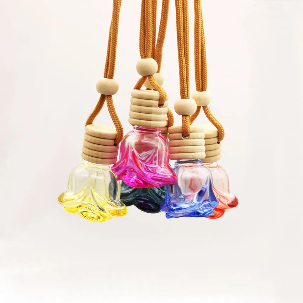 Wholese Empty 8ml Flower Shape Decorative Colorful Glass Hanging Black Car Perfume Bottles Diffuser For Essential Oil