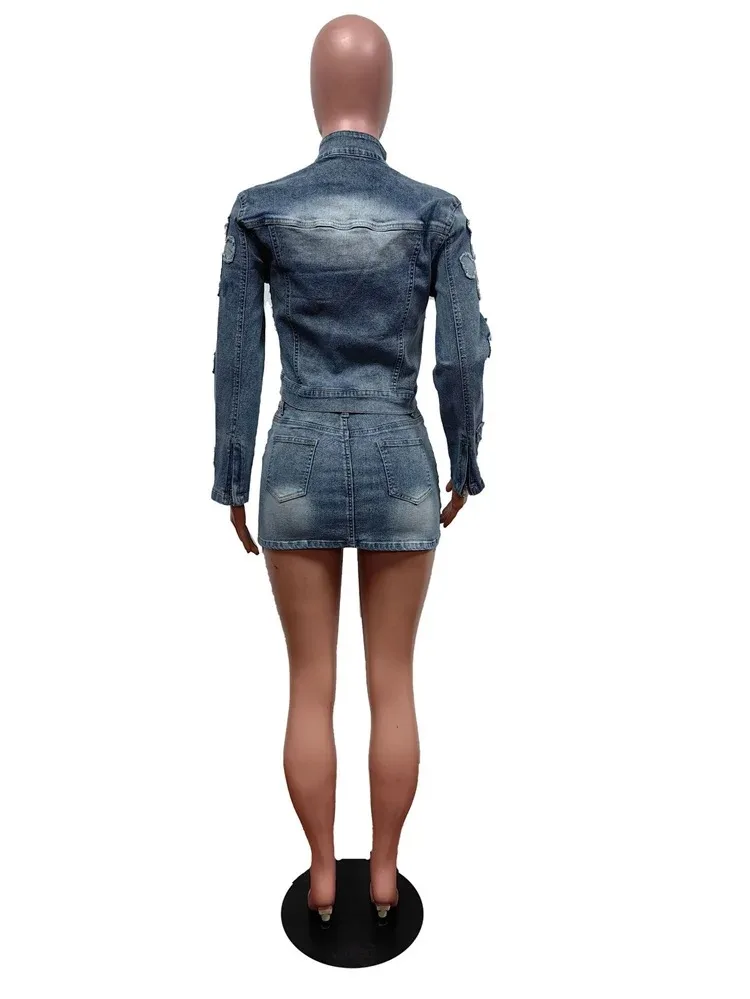 2023 Denim Two Piece Set for Women Zip Up Crop Jacket and Mini Skirt Fall Bodycon Outfits