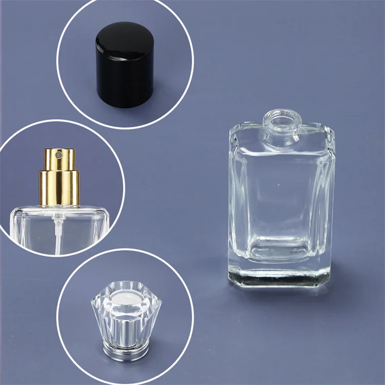 wholesale 50 ml empty clear square glass perfume 50ml bottle with crystal gemstone cap