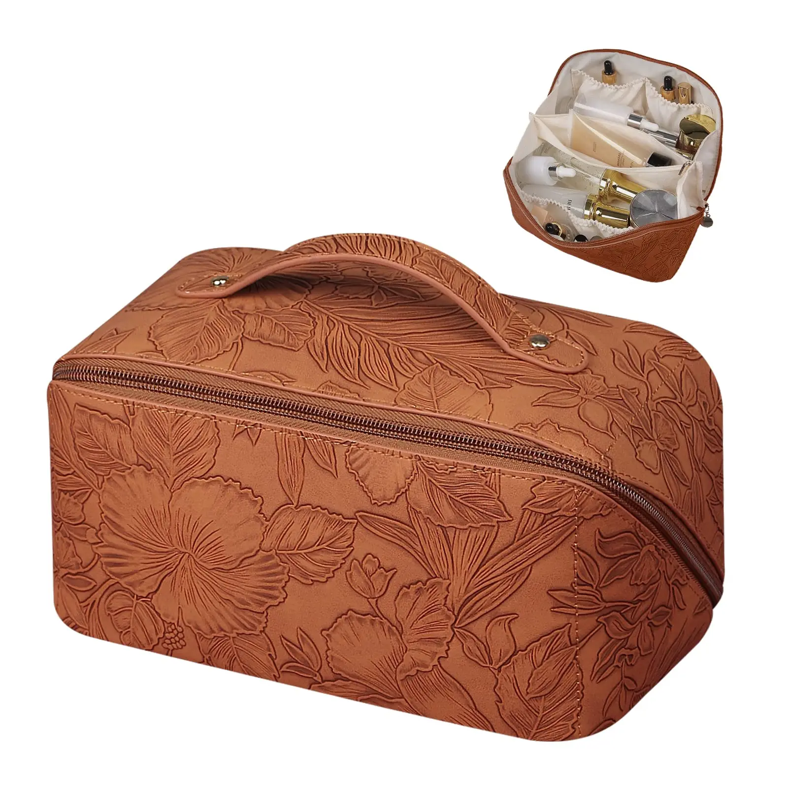 Travel Makeup  Cosmetic Bag With Compartments Large Capacity Water Resistant PU Leather Makeup Bag Lay Flat Makeup Bag
