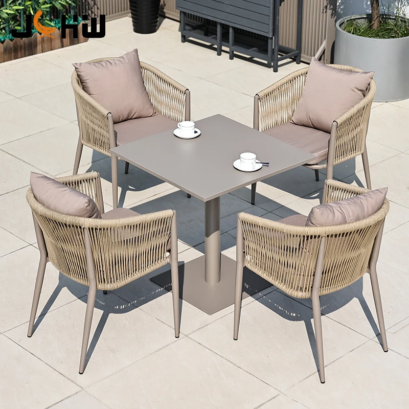 2024 hot sell woven rope outdoor stackable aluminum frame metal patio garden dining chair with waterproof cushion