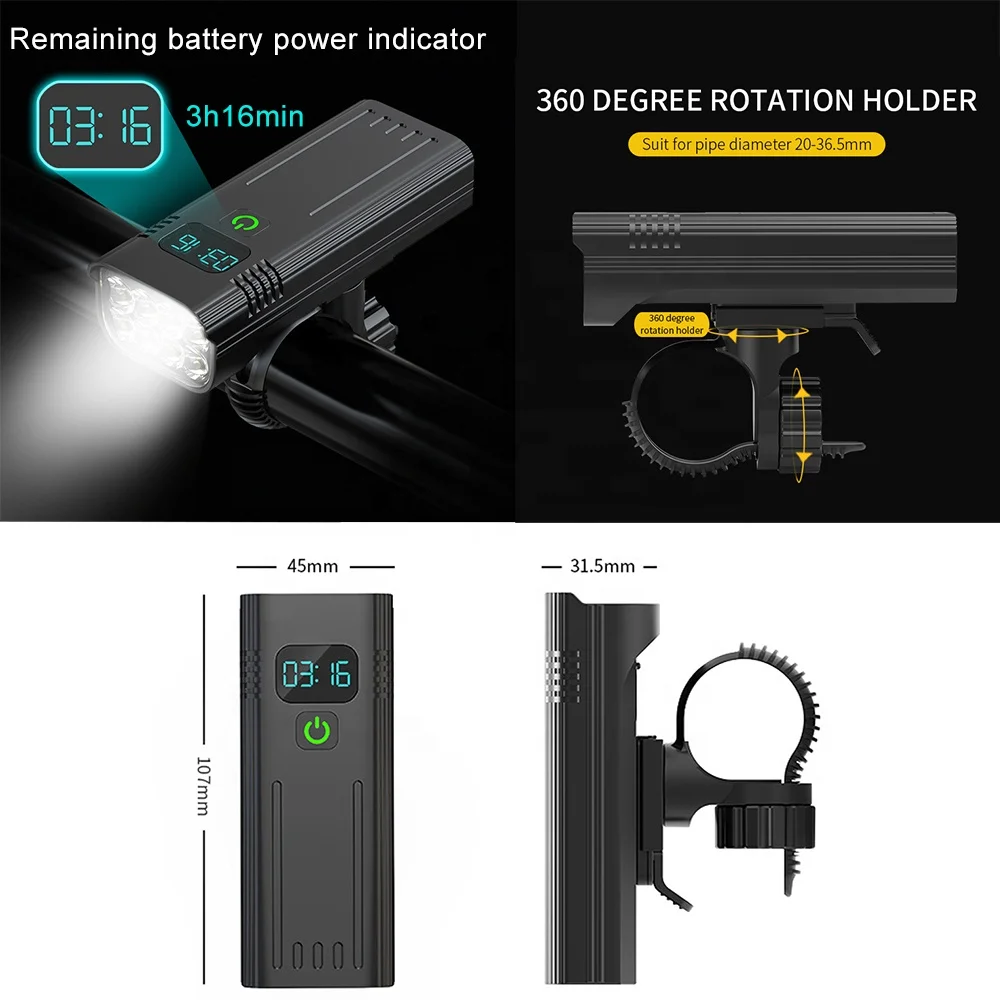 Waterproof IPX5 remaining battery power indicator bike light aluminum alloy USB Rechargeable bicycle lights set accessories