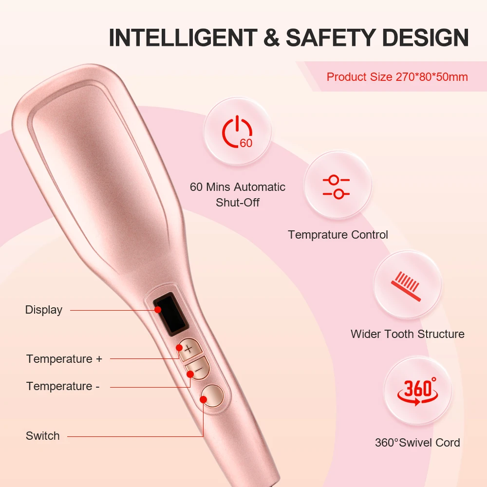 PRITECH Professional Hair Brush LCD Display Hot Dryer Electric PTC Heating Element Hair Dryer Fast Hair Straightener Brush LED