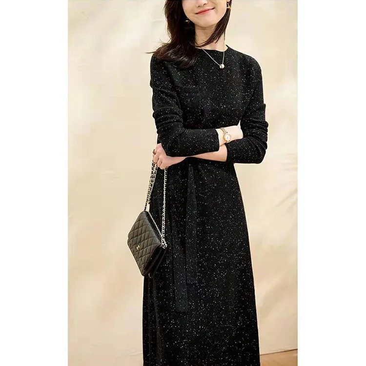Autumn and winter French high technician pocket sweater dress long-sleeved pullover round neck belt shiny knitted dress women