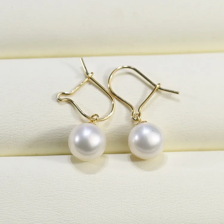 Korea Style Real Genuine 18K Gold Round Freshwater Cultured  Pearl Earrings Fashionable
