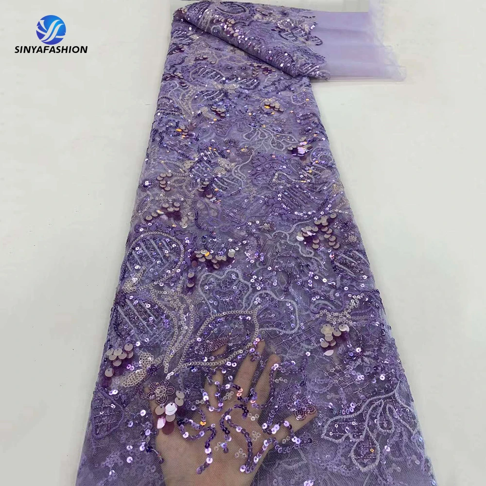 Sinya French Mesh Lace Fabric Embroidery Sequins Net Lace Large Shinning Glitter Fabric Luxury Dresses Women Elegant