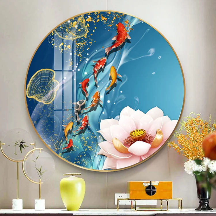 Modern light luxury fish living room Nordic porch circular decoration restaurant diamond crystal porcelain painting