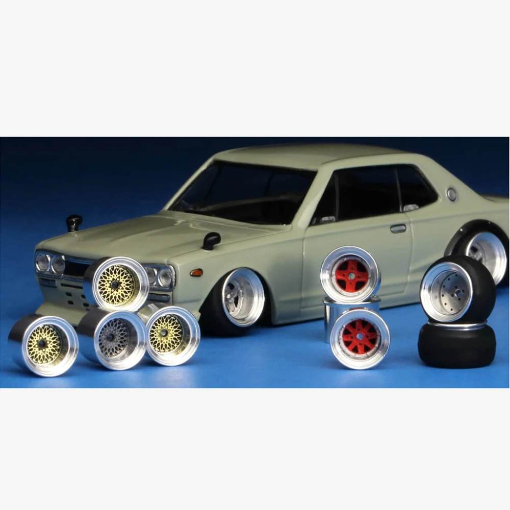 BNDS 1/64 Metal Wheel Hubs Rubber Tires Alloy Design Rims Modified Parts JDM VIP Style for Model Cars Vehicle 1:64 4pcs Set