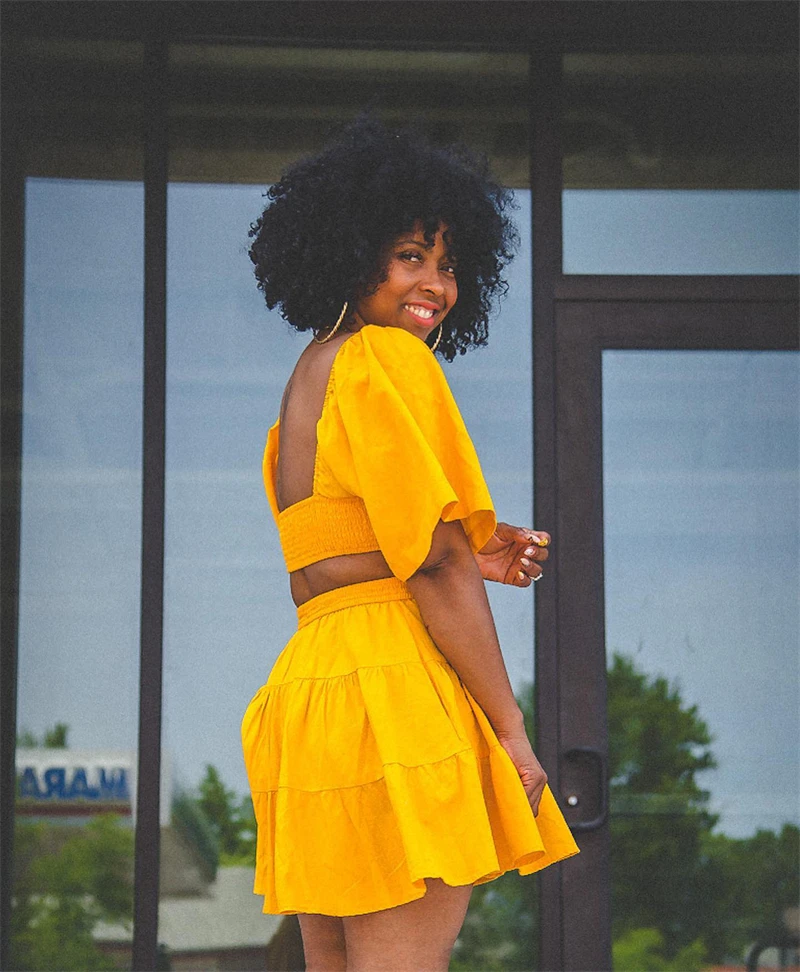 2024 summer frock design women lady modest elegant casual yellow square collar hollow out waist mini dress collection for women