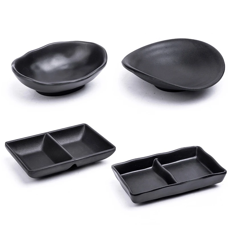 Japanese Restaurant Serving Soy Sauce Dishes Matt Black Divided Sauce Dish 3 Compartment Melamine Plate