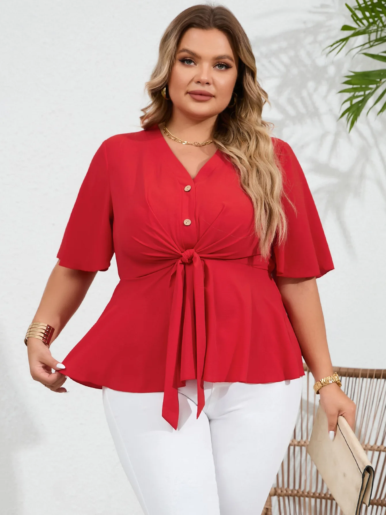 ZIYA A12L79 Plus Size V-neck Single Breasted Tie Up Women Short Sleeve Blouse