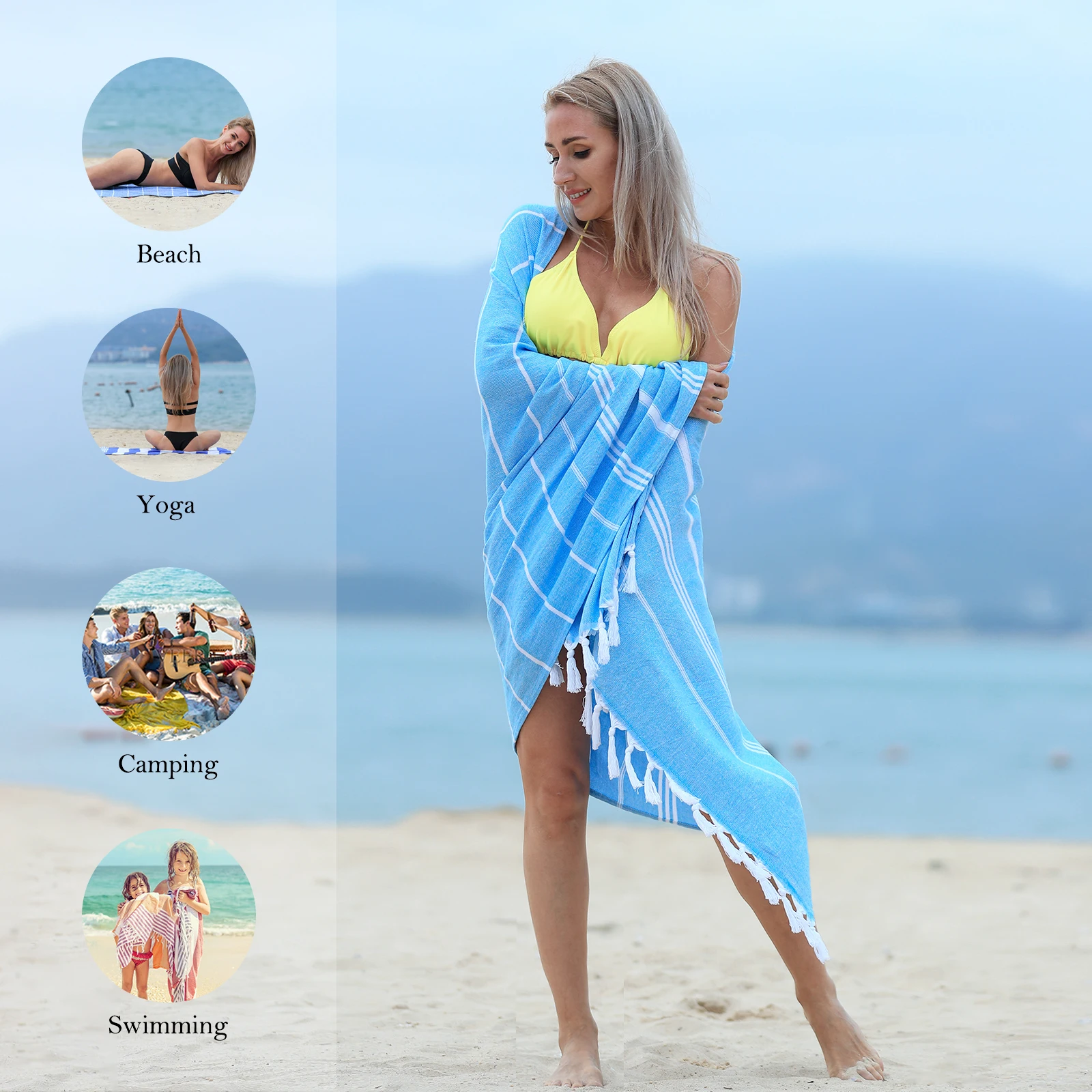 BLX 100% Cotton Super Dry Yoga Soft Colorful Quick Water-absorbing Sand Free Beach Towel for Beach Kitchen Gift Woven Rectangle
