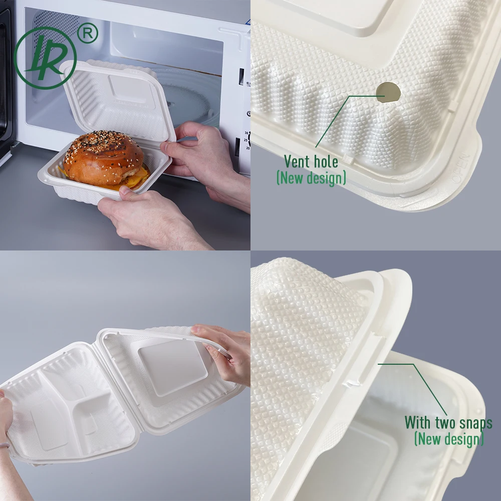 LR 7*7 Inch 3 Compartments BPA Free Disposable Clamshell Togo Lunch Box Plastic Large Hinged Lid Take Away Food Container