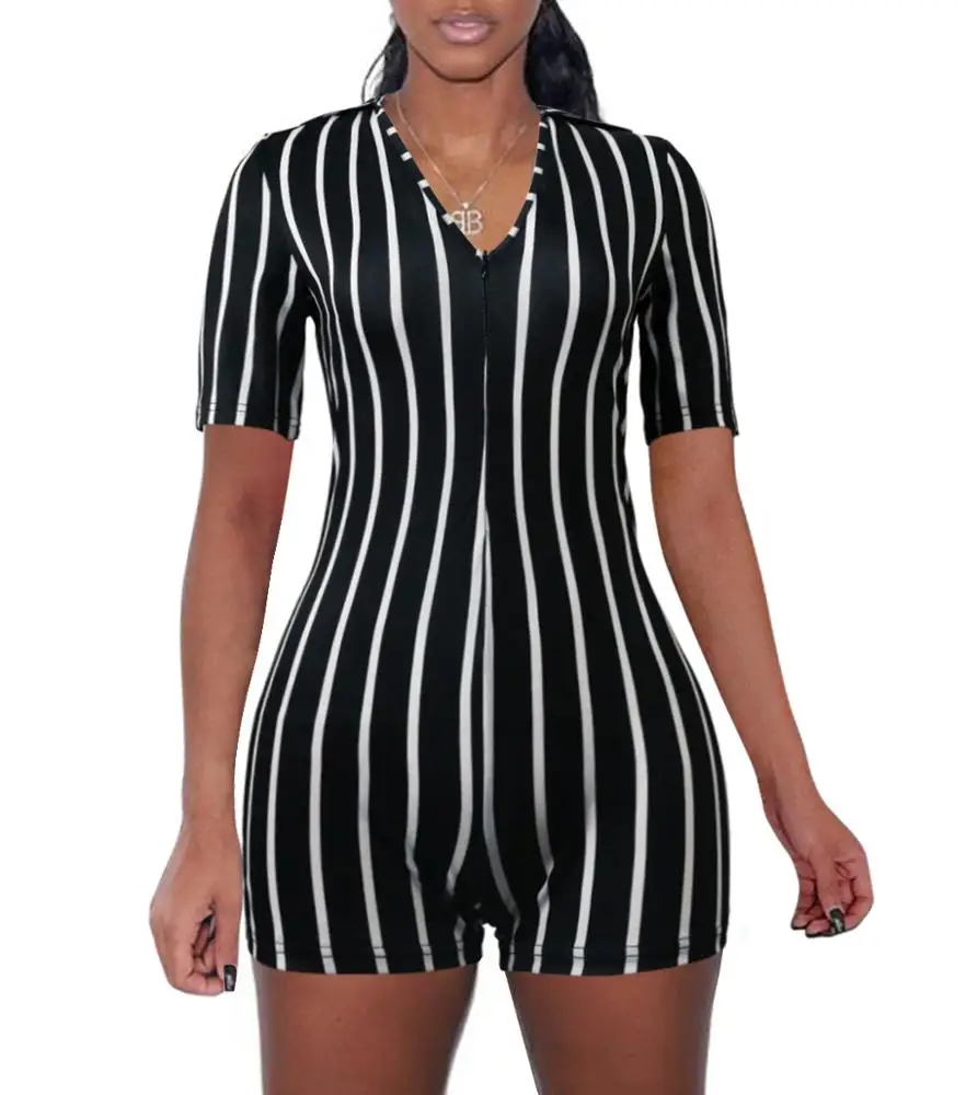 TOB 2020 Summer Rompers Hot Selling Women Sexy V Neck Short Sleeve Striped Club Casual Jumpsuits DZ014 Bodycon Jumpsuit Rompers