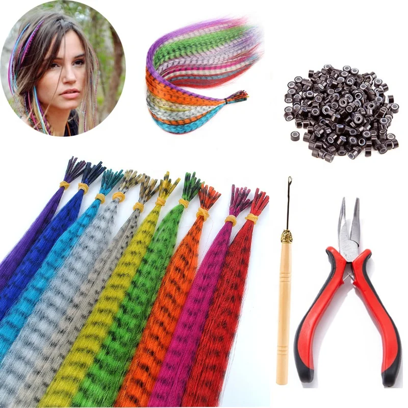 100 Pcs 16 inch I Tip Grizzly Feathers Hair Extensions Kit with Tools 100 pcs silicorn Link Rings Beads 1pc Plier 1pc Crochet