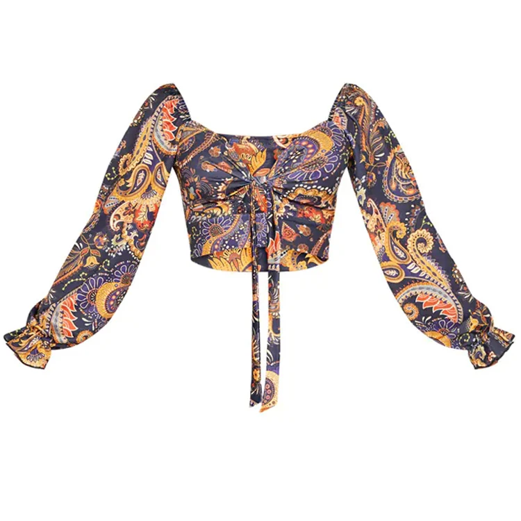 Fashion Custom Women Blouses Shirts Off Shoulder Puff Long Sleeve Crop Top Femme Floral Print crop Tops For Women