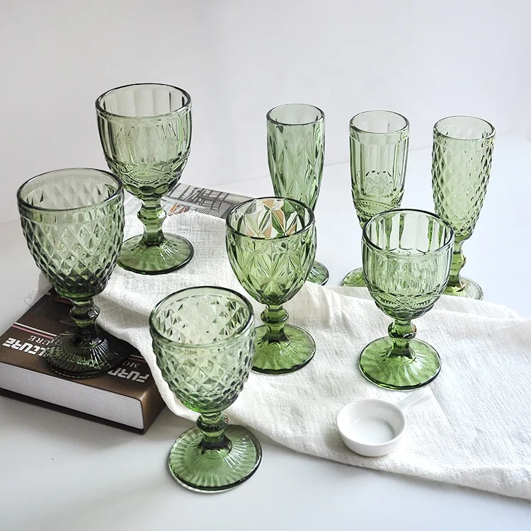 wholesale cheap black/blue/purple/green glass wine glasses water goblet embossed glassware set