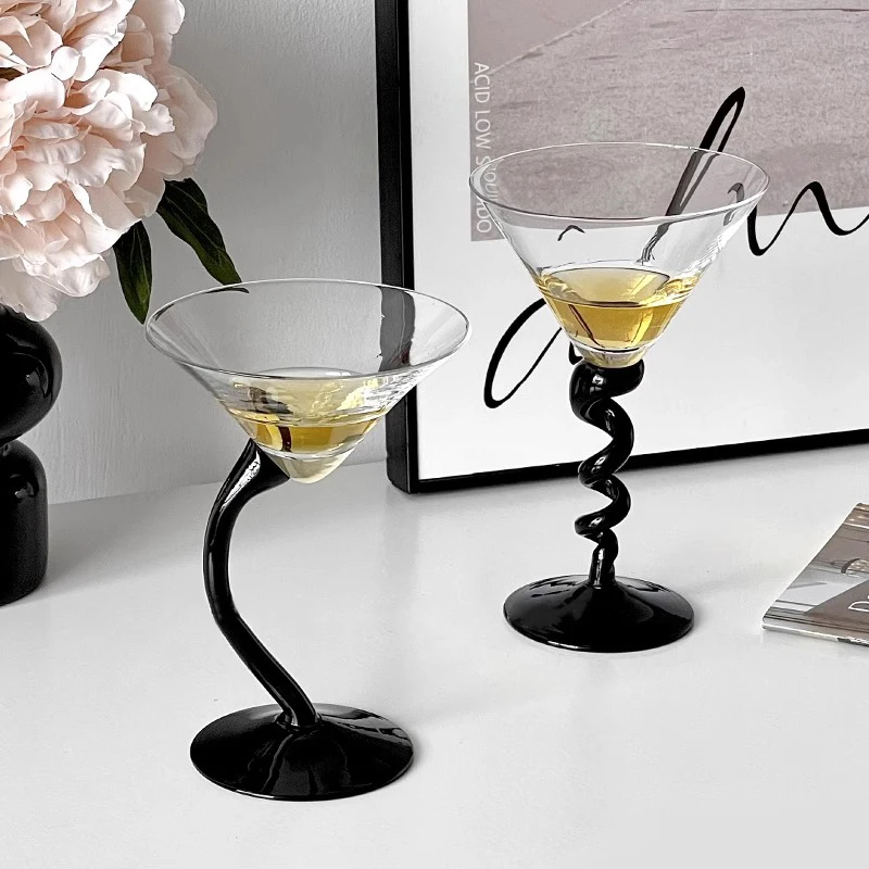 Creative Black Crooked Stem Twisted Martini Tall Glasses Champagne Wine Glass Cocktail