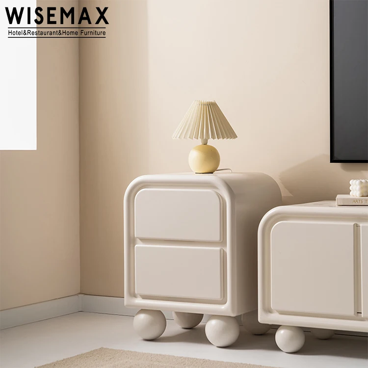 WISEMAX FURNITURE Nordic bedroom furniture White cube bedside cabinet  Wooden 2 drawers nightstand with round legs