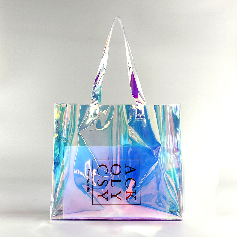 Индивидуальные Экологически чистые пластиковые голографические переливающиеся блестящие сумки-тоуты из ПВХ для покупок с логотипом Водонепроницаемая пляжная