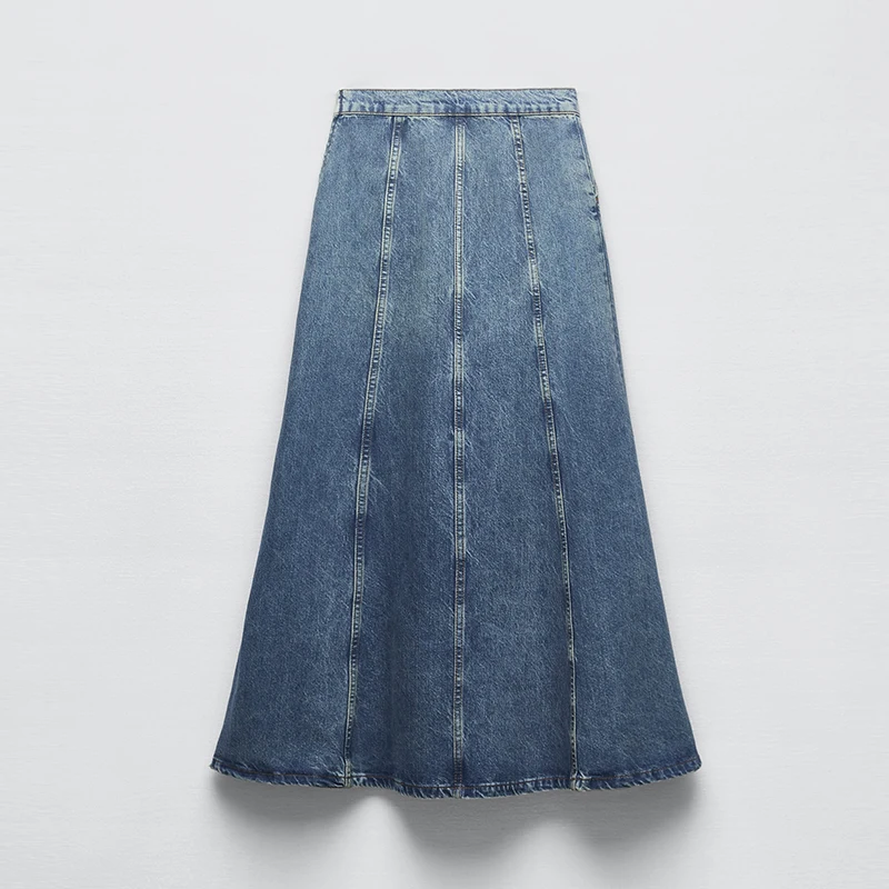 Factory OEM Custom High-Waist Flared Hem 100% Cotton Casual Elastic Long Denim Skirt  For Ladies