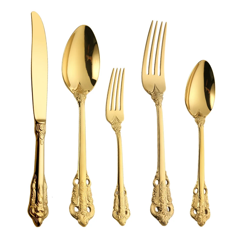 Royal Vintage Flatware Gold Plated Silverware Knife Fork and Spoon Set for Restaurants Special Design Handle Cutlery Set