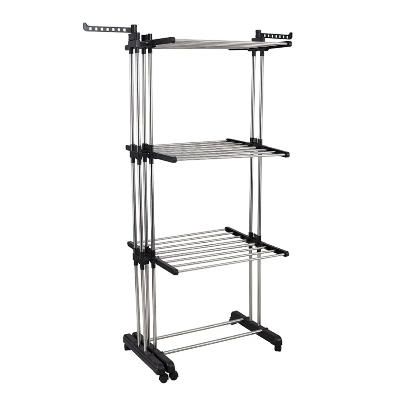 Wheels Steel Laundry Foldable 3 Tiers Metal Tower Home Hanger Standing Airer Clothes Drying Rack