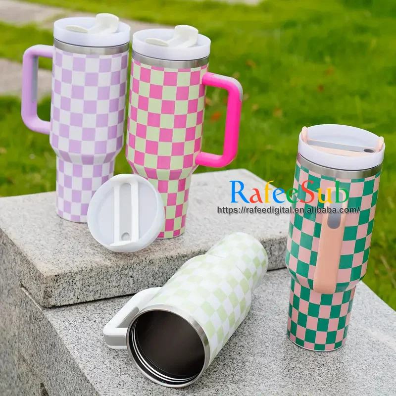Custom Print Checker Board Plaid Pattern 40oz 40 oz Double Wall Insulated Stainless Steel Tumbler Cup with Handle h2.0 and Straw