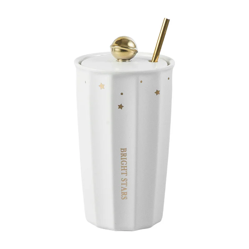 Nordic fashion simple with lid ceramic cup creative double-layer insulation with straw men and women couple mugs