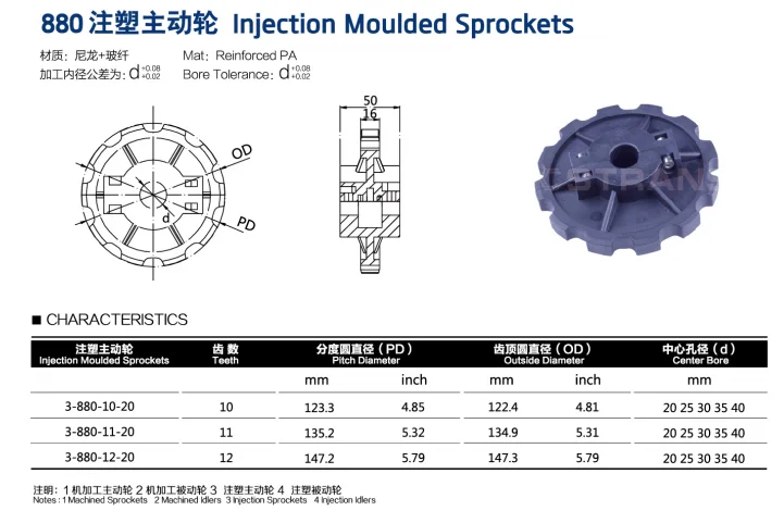 High Quality 880 TAB Side Flexible Plastic  Plate Chain For Curved Conveyor