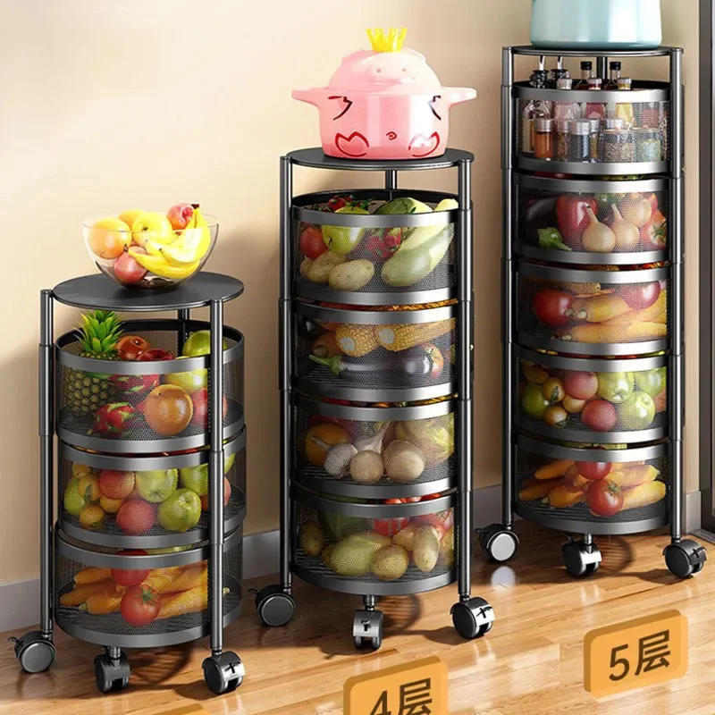 Kitchen Rotating Shelf 360 Degree Baskets Fruit Vegetable Storage Rack Floor Round Household Multi-function Shelf With Wheels