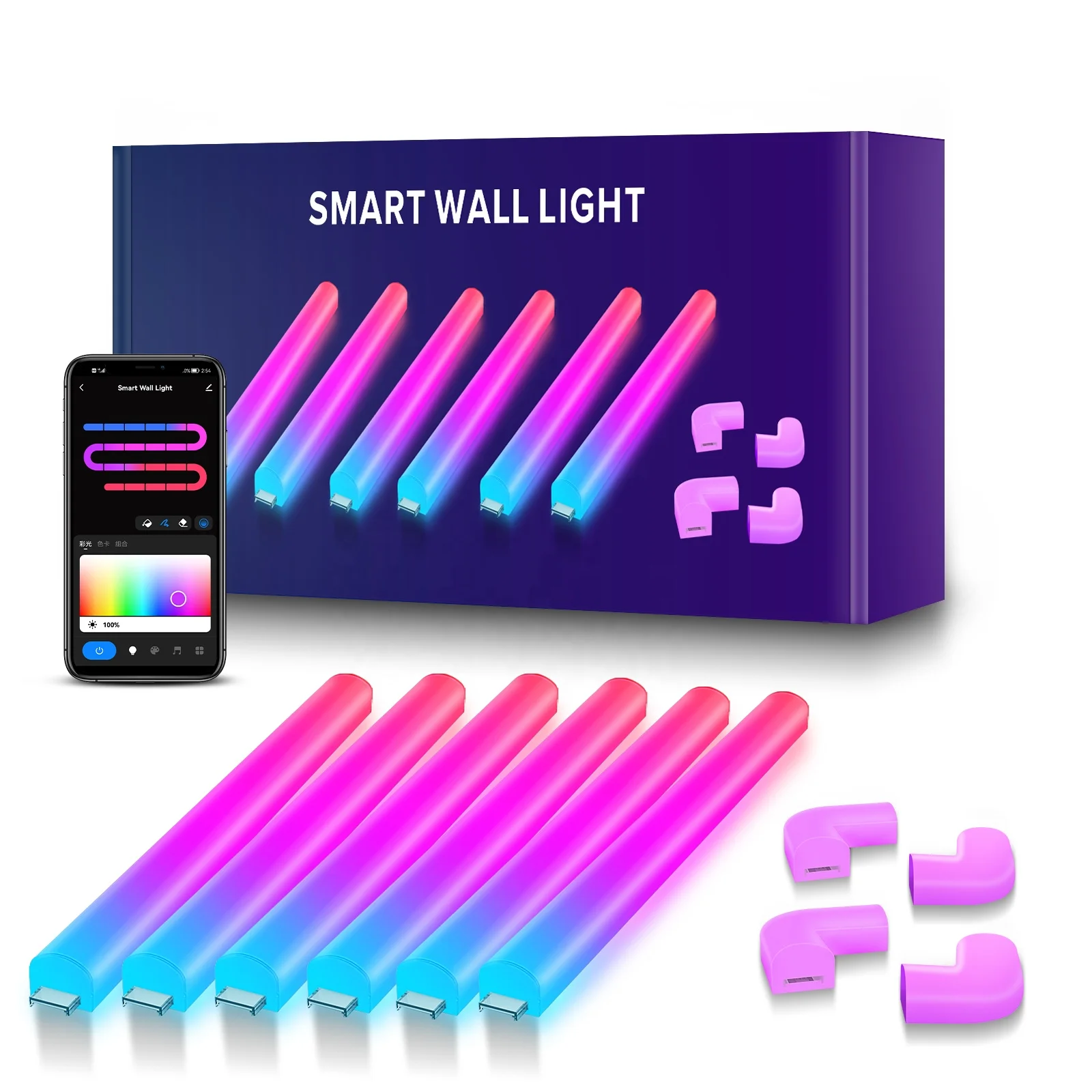 6Pcs Glide RGBIC Smart Wall Light with 4 Corners Multicolor Music Sync Smart  LED Wall Light Bar