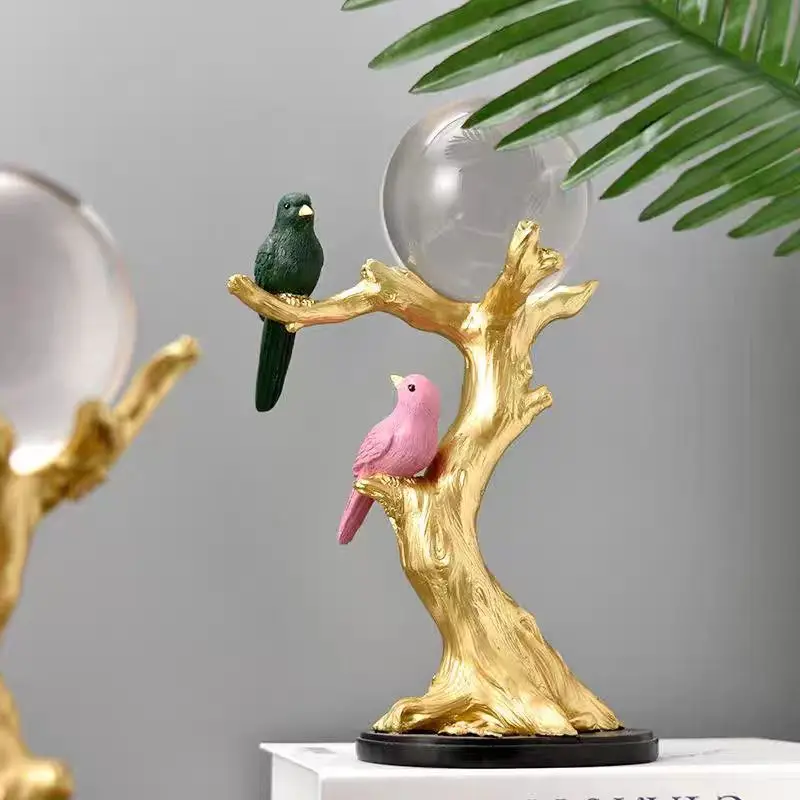 Nordic Style Light Luxury Resin Bird Golden Tree Creative Crystal Ball Home Decoration for Living Room Office Table Craft Use