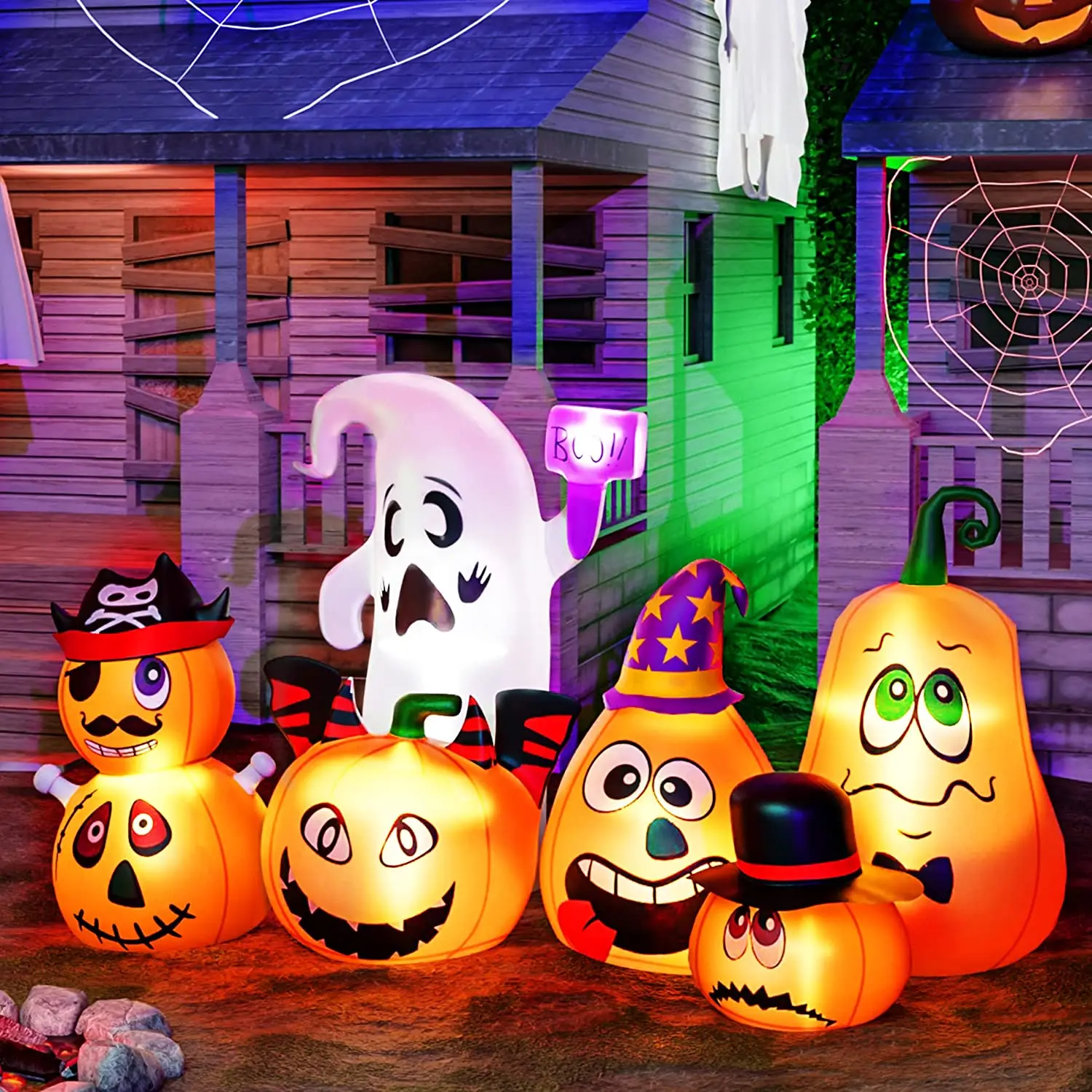 LED Lights Outdoor Halloween Decoration with 1 7Ft Ghost 6 Pumpkins Halloween Inflatable For Garden Yard Decoration