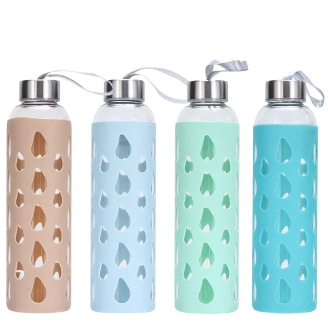 Unbreakable Wide Mouth Glass Water Bottle Silicone cup Single wall Glass cup With Silicone Sleeve