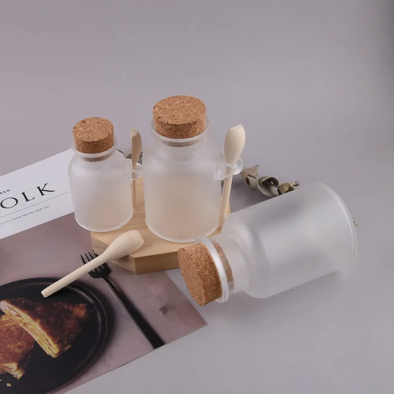 100ml 200ml 300ml Plastic Bath Salt Scrub Bottle with Cork Wooden Spoon Small Plastic Bottle