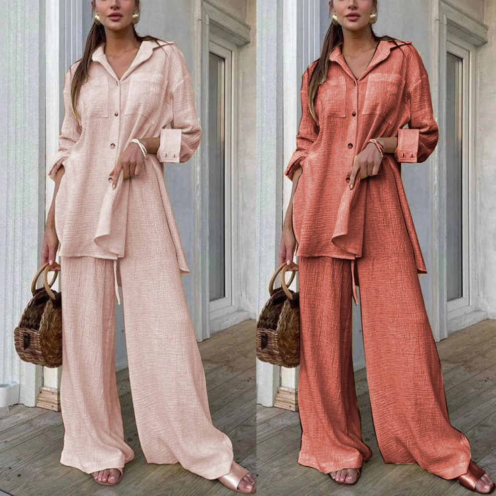 Custom two-piece women sets shirt long sleeve split blouse with wide leg trousers two-piece set