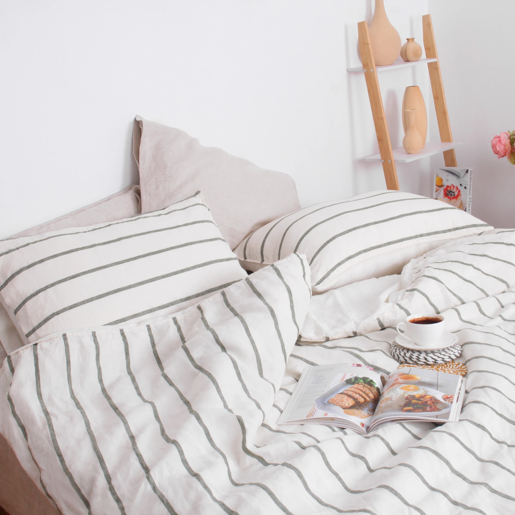 Natural Flax linen sheet set yarn dyed striped pinstripe Stone washed linen bed sheets