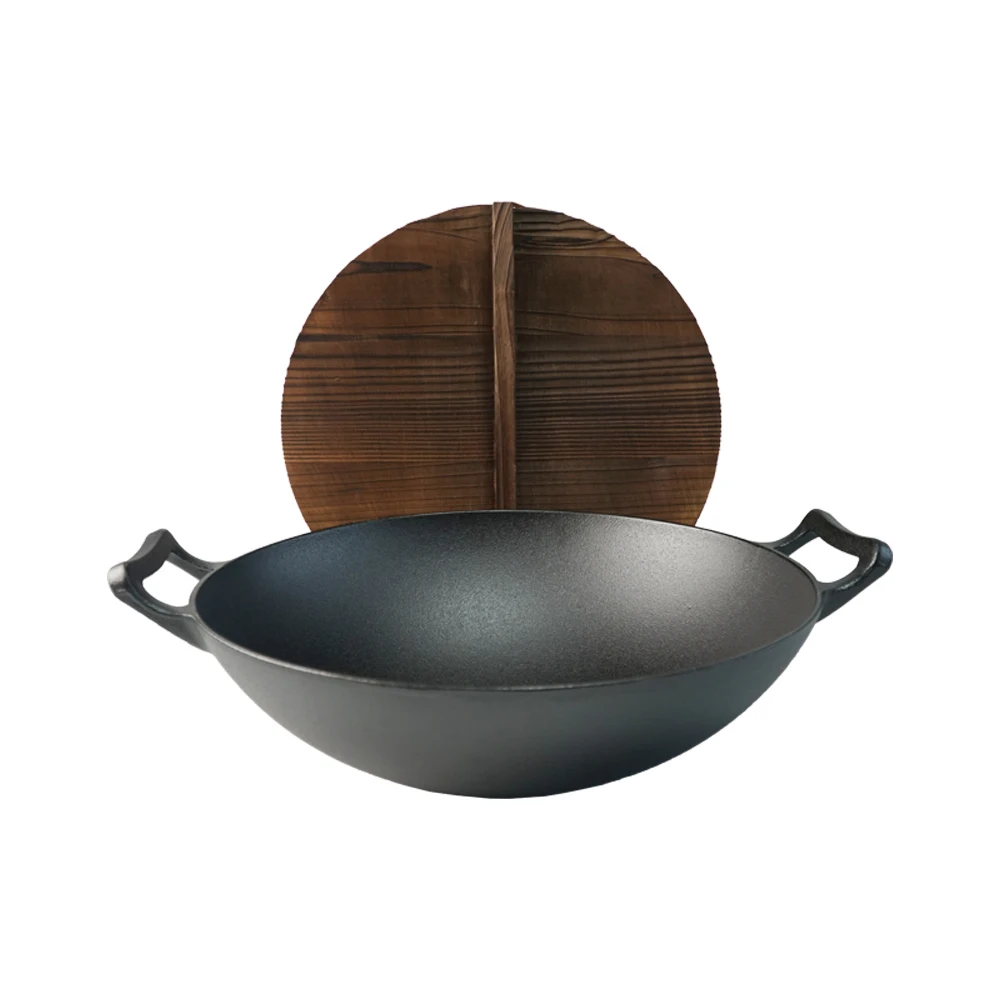 30cm Cast Iron Wok Pan Double Handle Pre-seasoned Chinese Traditional Cast Iron Cooking Wok Pots
