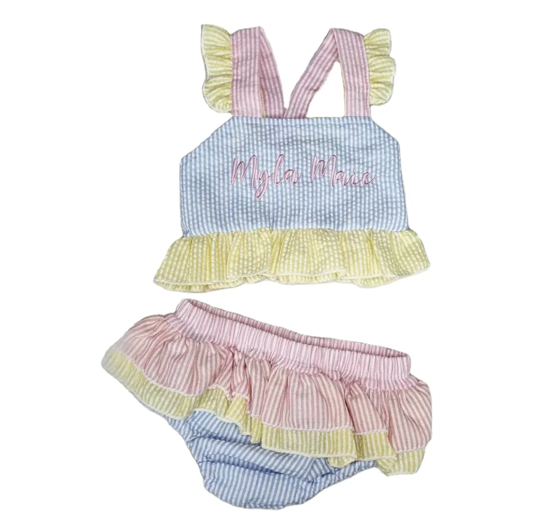 Купальник Seersucker из двух предметов купальный костюм с вышивкой монограммой для девочек купальник малышей и детей бикини оборками