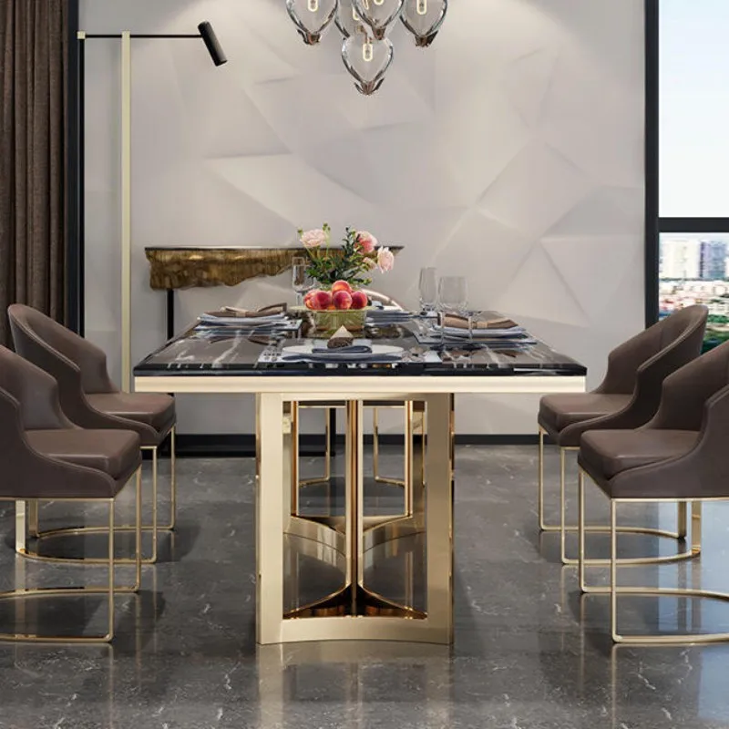 Modern Luxury Golden Stainless Steel Dining Table with Marble Top Sintered Stone for Room Furniture Set