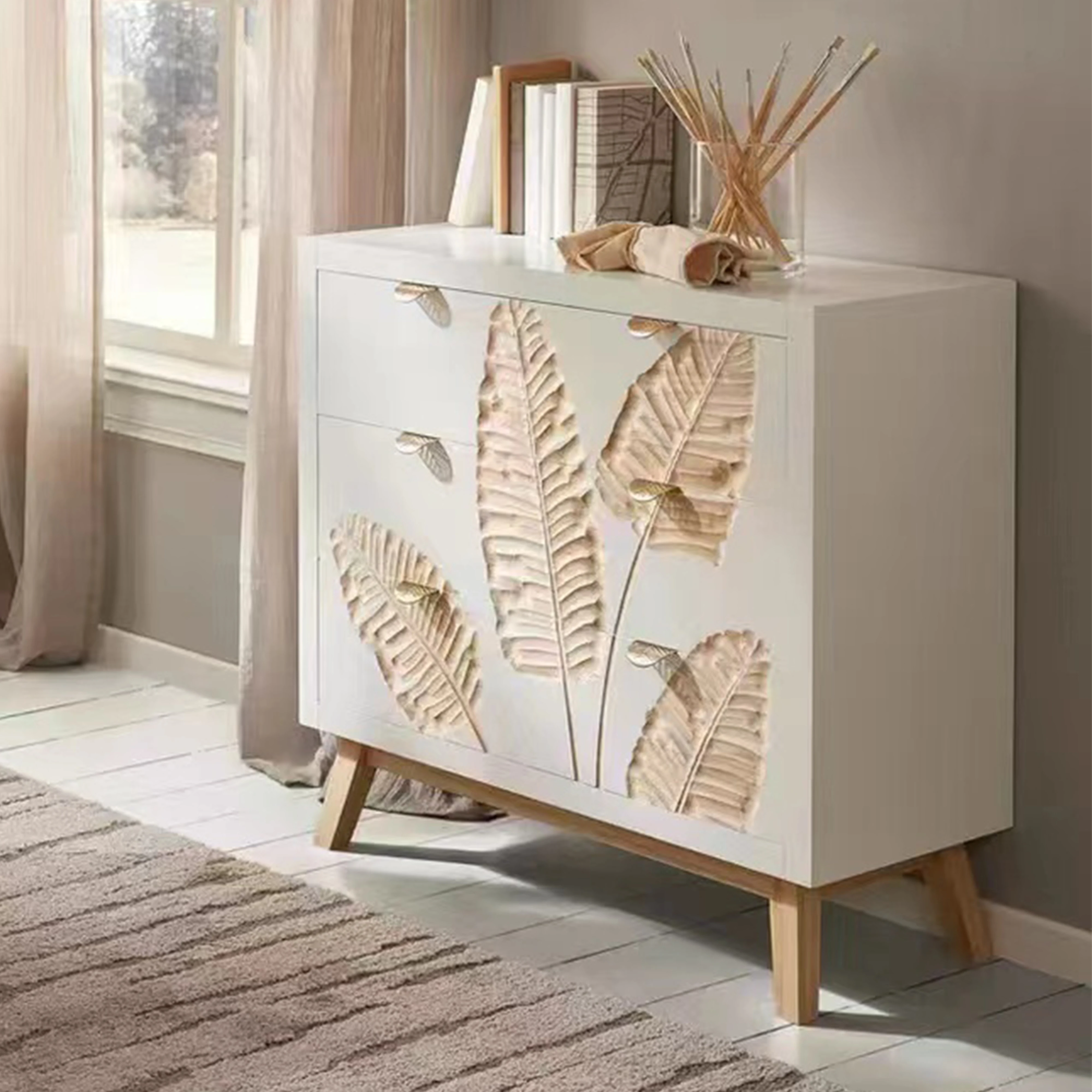 Wood Carved Sideboard Buffet Cabinet Wooden Kitchen Accent Storage Cabinet with 3 Drawers Dining Room Cupboard Console Table