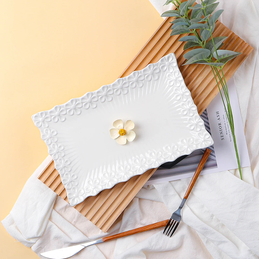 Creative catering dinnerware white embossed rectangular ceramic dinner plates for restaurant wedding
