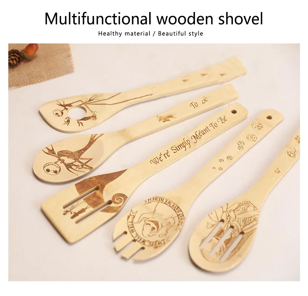 Wholesale Flat Large Long Handle Kitchen Tool Utensils Scraper Slotted Spatula Serving Pot Bamboo Spoon Set For Cooking