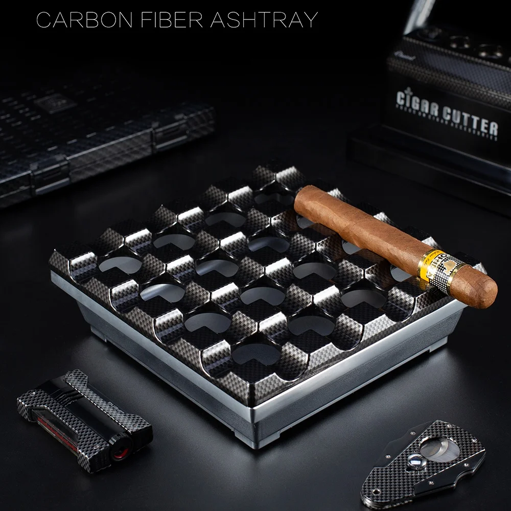 JIFENG JF-2019N luxury Carbon fiber lid 16 holes outdoor use windproof big size square metal cigar ashtray for cigar shop